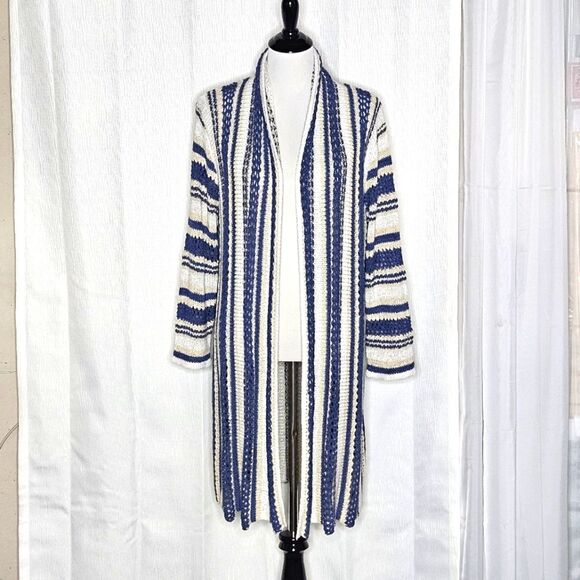 NorthStyle Blue Striped Mixed Yarn Open Drape Front Lightweight Long Cardigan - Picture 4 of 9